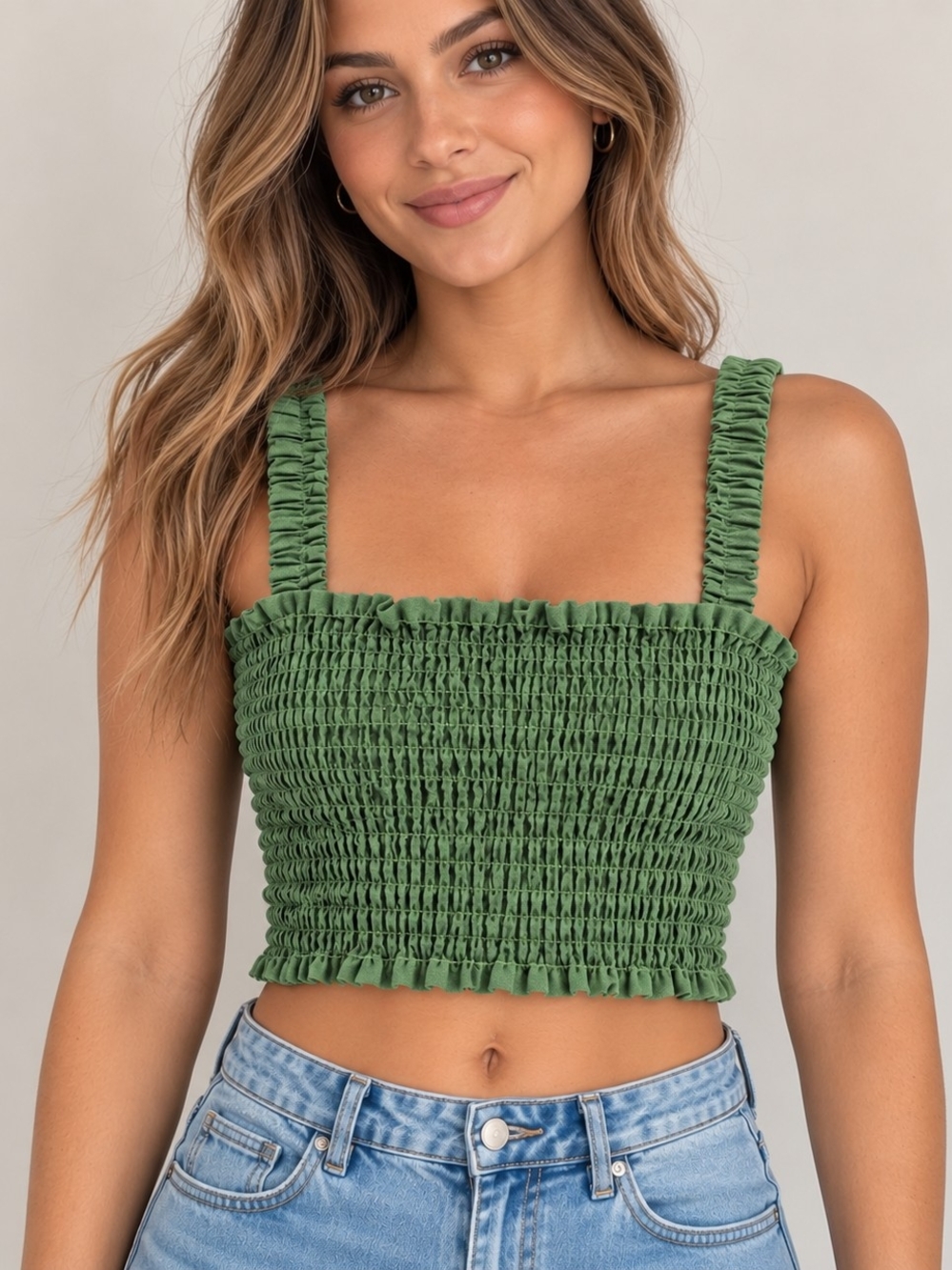 Reformation Green Linen Smocked Crop Top